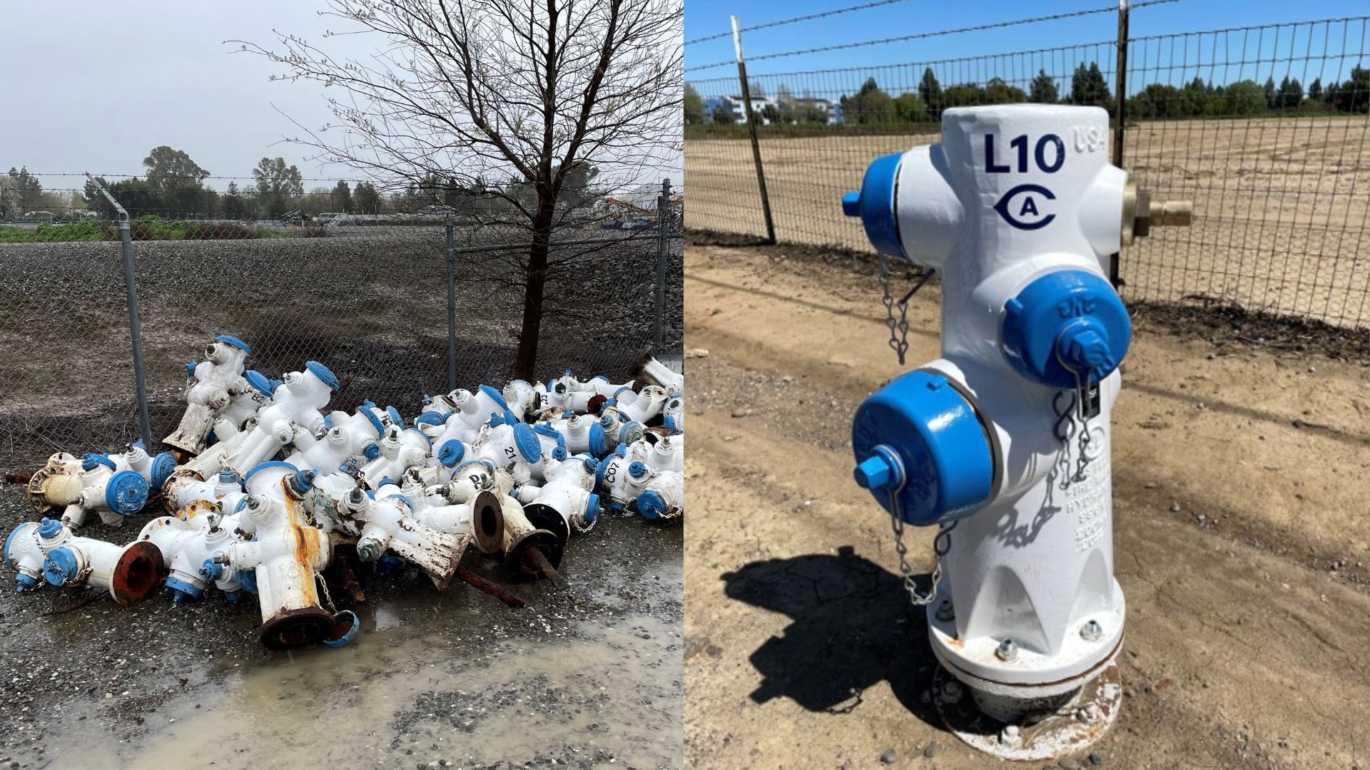 A pile of old fire hydrants on the left compared to a new, more reliable, fire hydrant on the right.