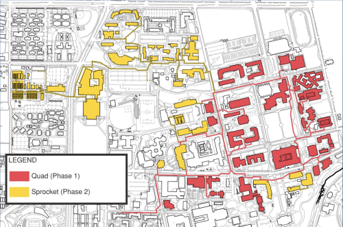 The map shows the hot water pipelines that will be installed and the buildings that will be converted in the next phase of the Big Shift (Sprocket in yellow) along with the buildings and pipes encompassed in the first phase completed earlier this year (Quad in red).