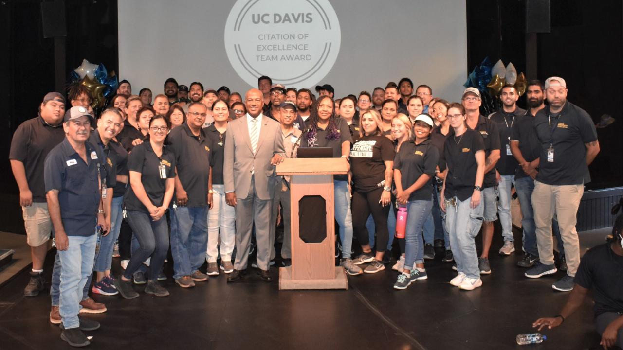 UC Davis Chancellor Gary May (left of podium), presented the teams with the Staff Assembly Citation of Excellence at a ceremony that took place in the Wyatt Pavilion on September 8. When delivering the award, he noted that the teams "never failed to deliver."
