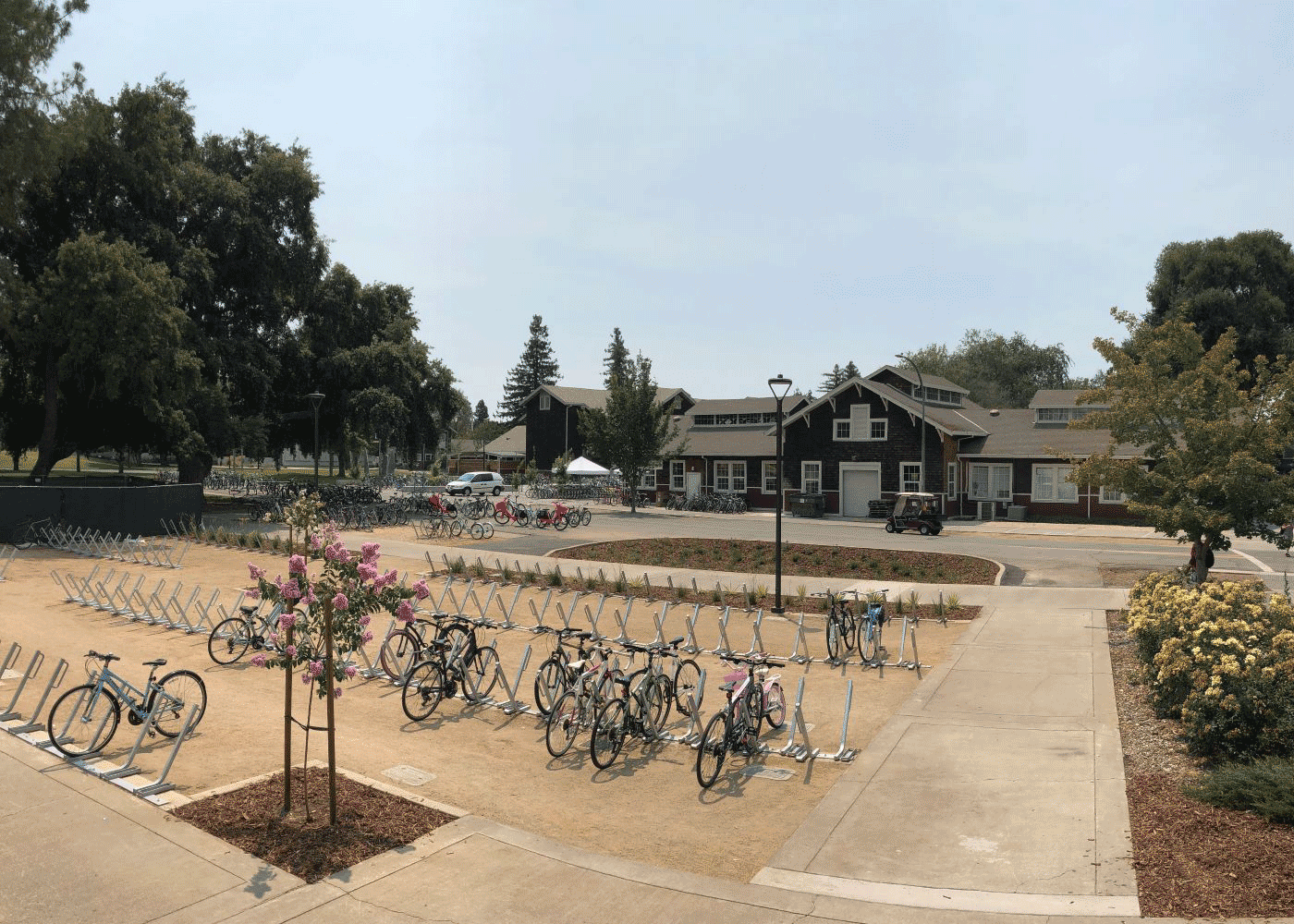 The western lawn at Rock Hall has been converted to a permeable bike parking area that drains into a vegetated basin. Once the basin reaches capacity, the overflow moves the water into the adjacent campus stormwater drainage system.