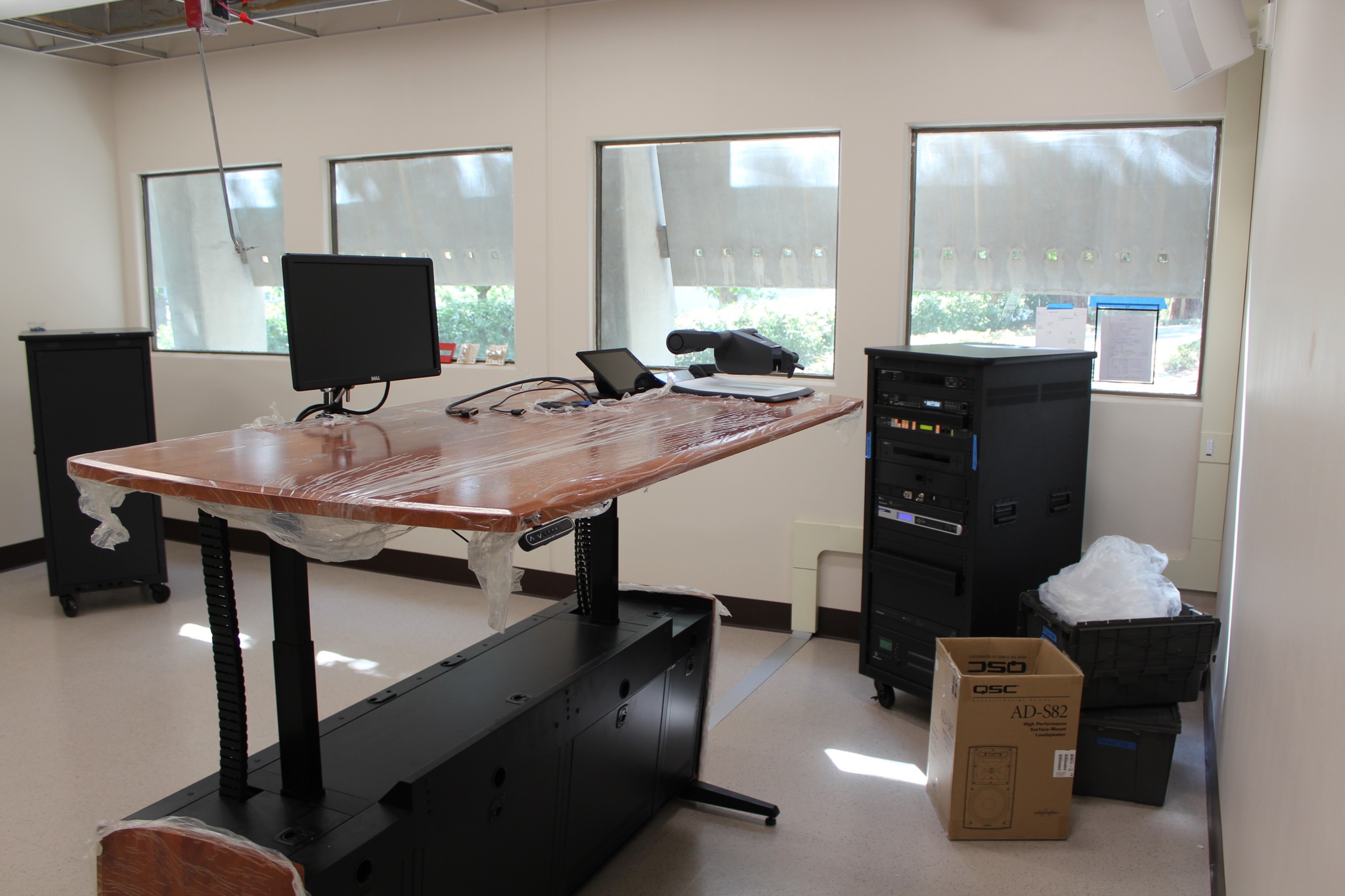 Photo of new classroom equipment staged for installation