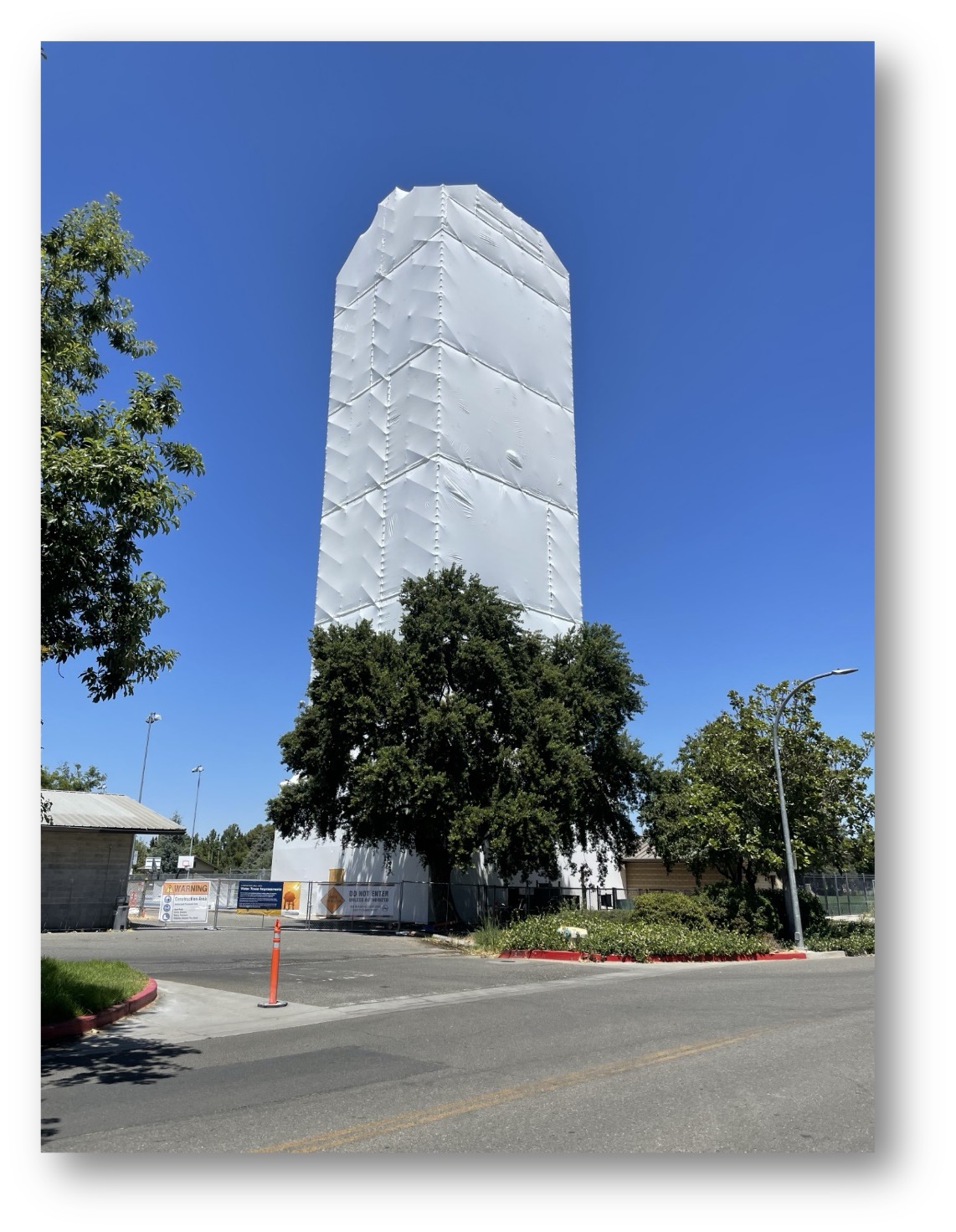 Image of Touchdown Tower scaffolded and wrapped during maintenance. 