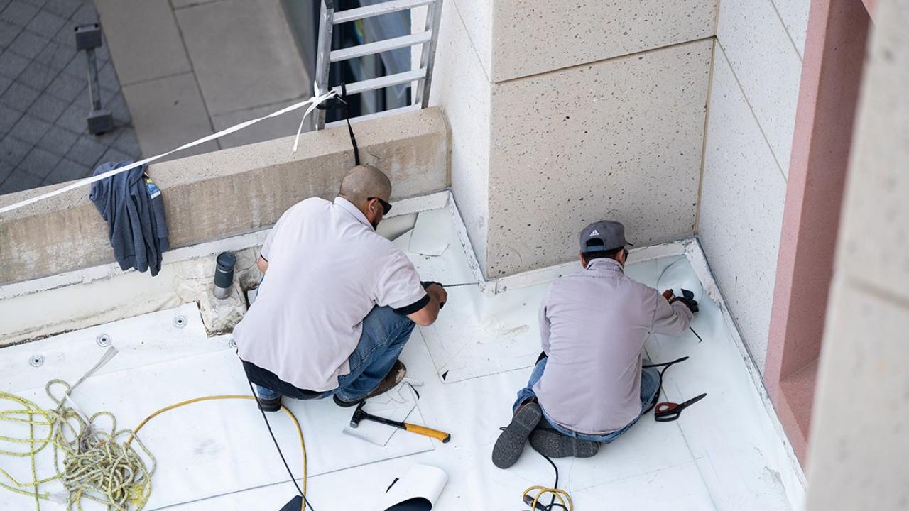 Image of two roofers laying down new material on the roof of a building at UC Davis. 