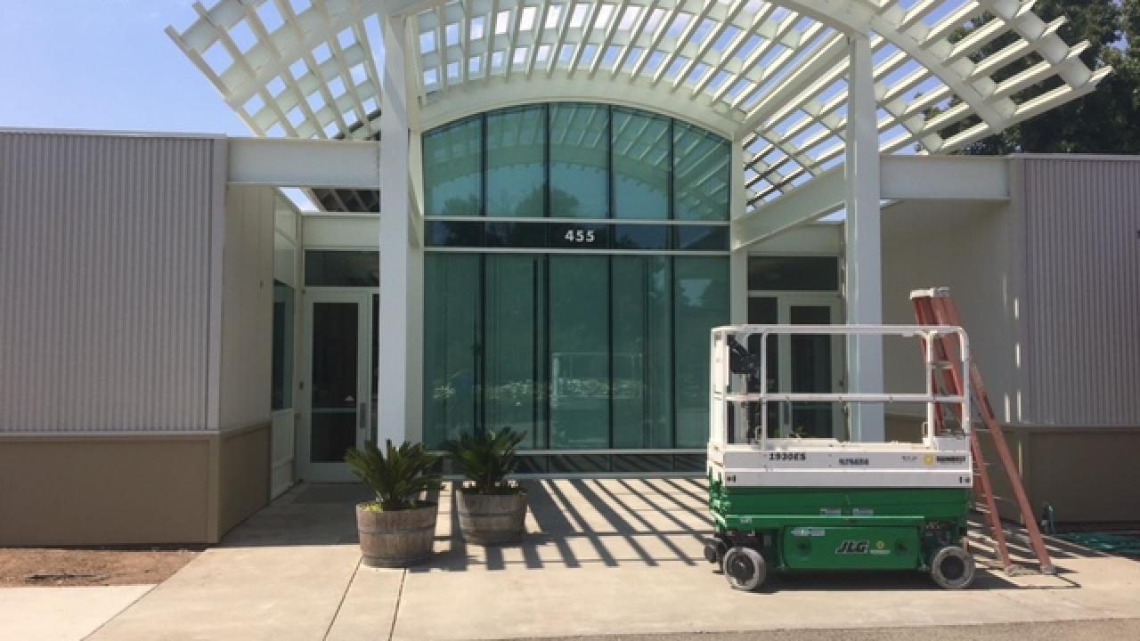 Image of the recently re-stuccoed Foundation Plant Services building.