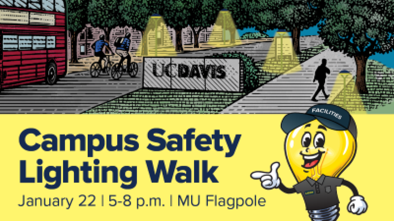 Image of the UC Davis campus as a line drawing in the evening with street lights on and featuring a red, double-decker bus, trees and a pedestrian.