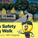 Image of the UC Davis campus as a line drawing in the evening with street lights on and featuring a red, double-decker bus, trees and a pedestrian.