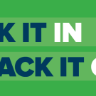 Graphic banner with a silhouette of Gunrock on the left side with a paper coffee cup in his hand, and another silhouette of Gunrock on the right side with a trash bag in his hand. Two arrows in the middle point in opposite directions and text in the middle reads "Pack it in. Pack it out."