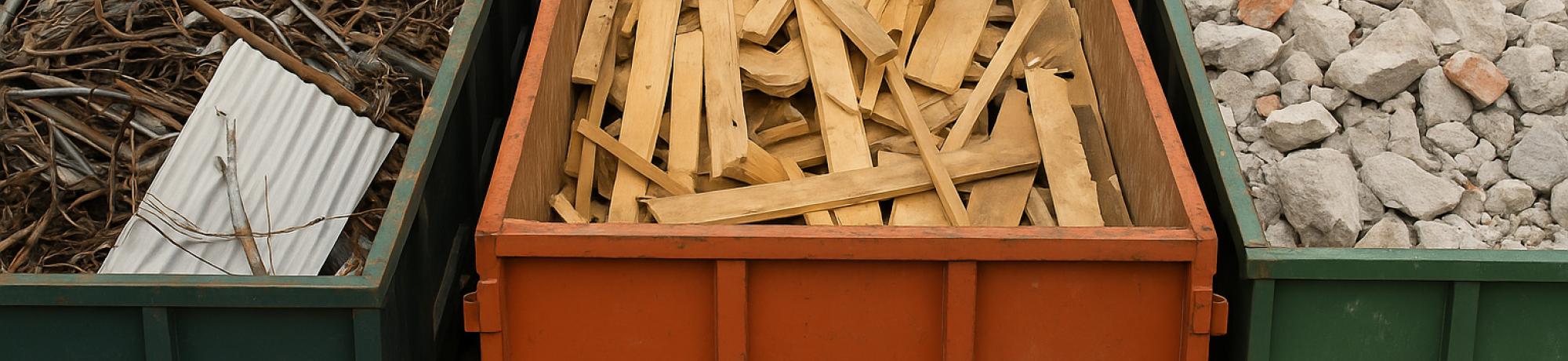 Three large industrial dumpsters stand side by side outdoors. The left dumpster is filled with twisted metal scraps and sheet pieces, the middle orange dumpster holds stacked wooden planks, and the right dumpster contains broken chunks of concrete and brick.