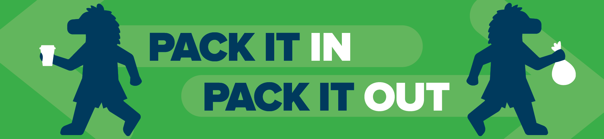 Graphic banner with a silhouette of Gunrock on the left side with a paper coffee cup in his hand, and another silhouette of Gunrock on the right side with a trash bag in his hand. Two arrows in the middle point in opposite directions and text in the middle reads "Pack it in. Pack it out."
